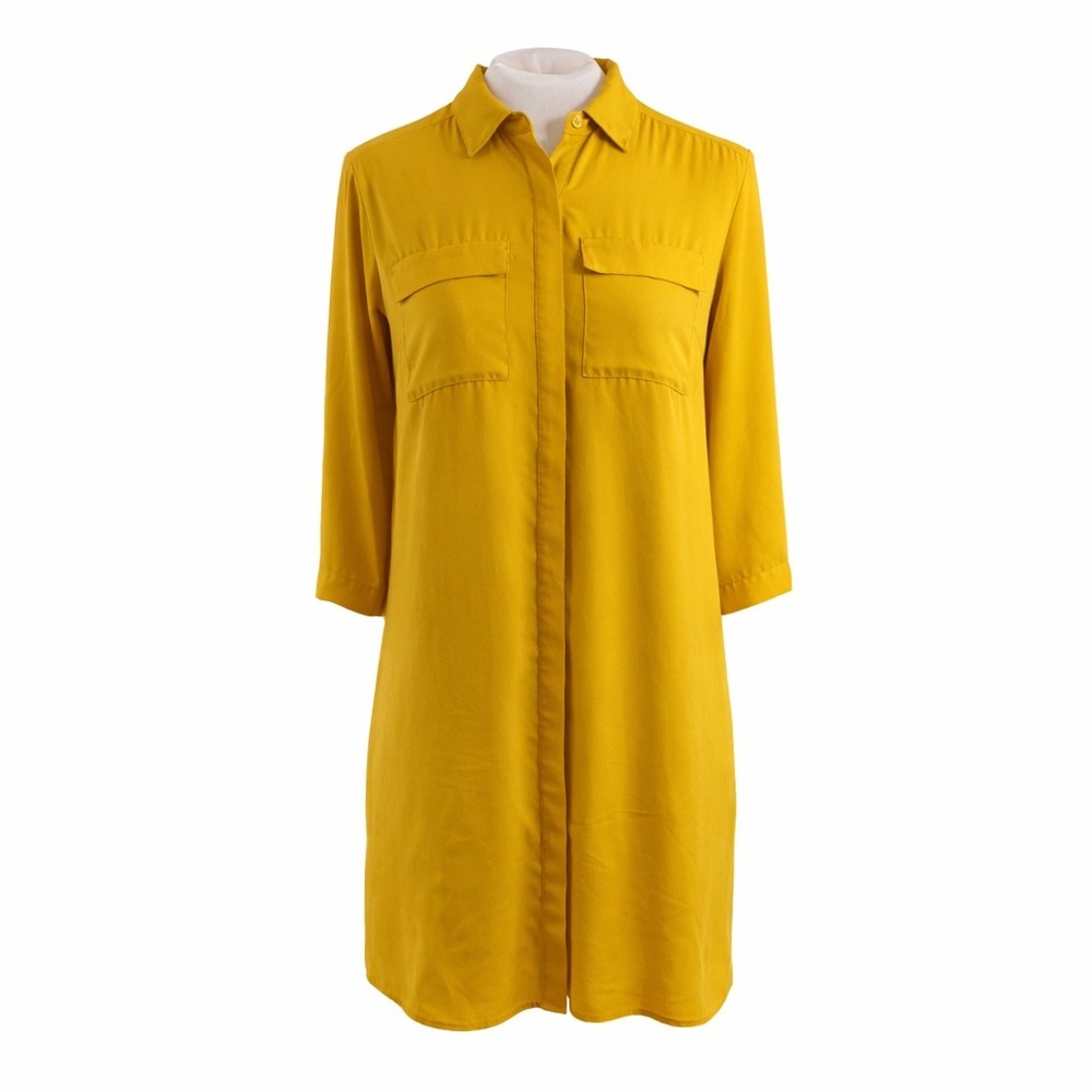 Mustard Yellow 3/4 Roll Tab Sleeve Shirt Dress Womens S Professional Versatile